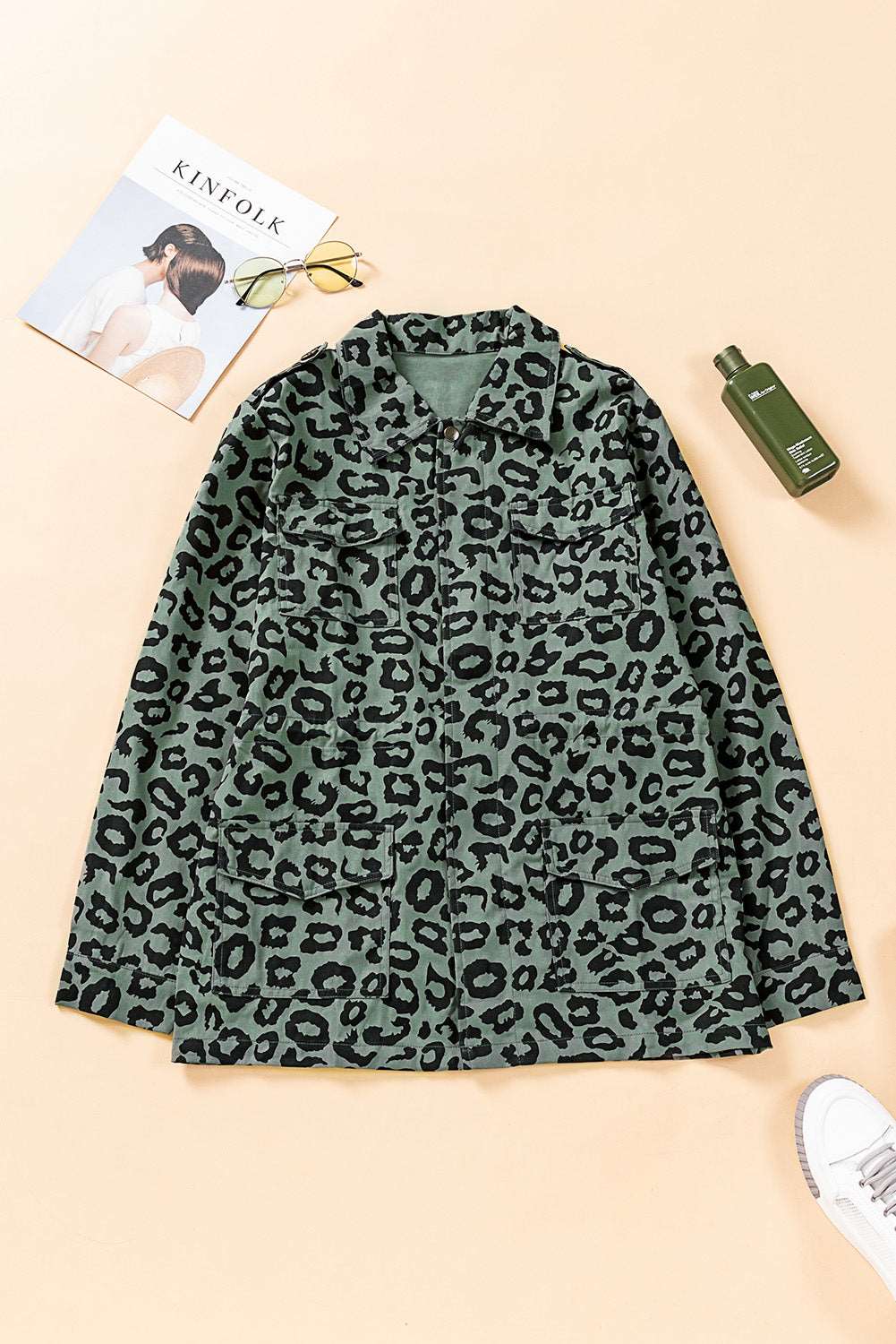 Double Take Leopard Drawstring Waist Jacket with Pockets