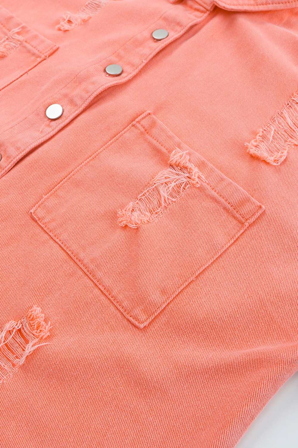 Double Take Distressed Fringe Trim Button Up Jacket