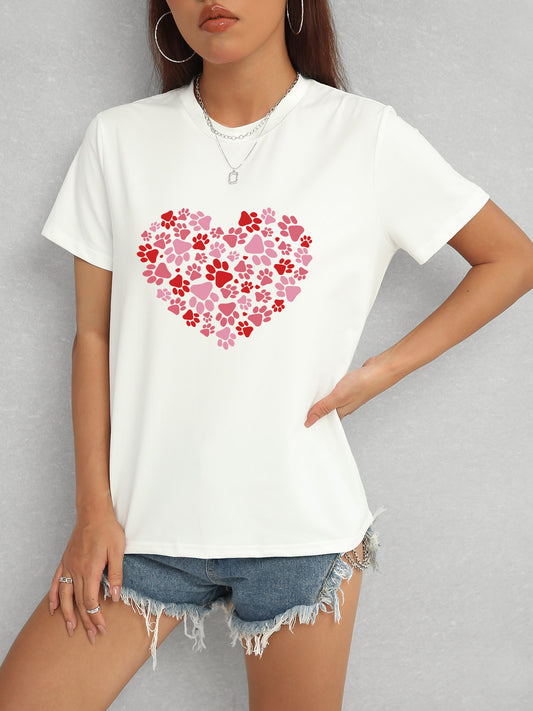 Heart Round Neck Short Sleeve T-Shirt