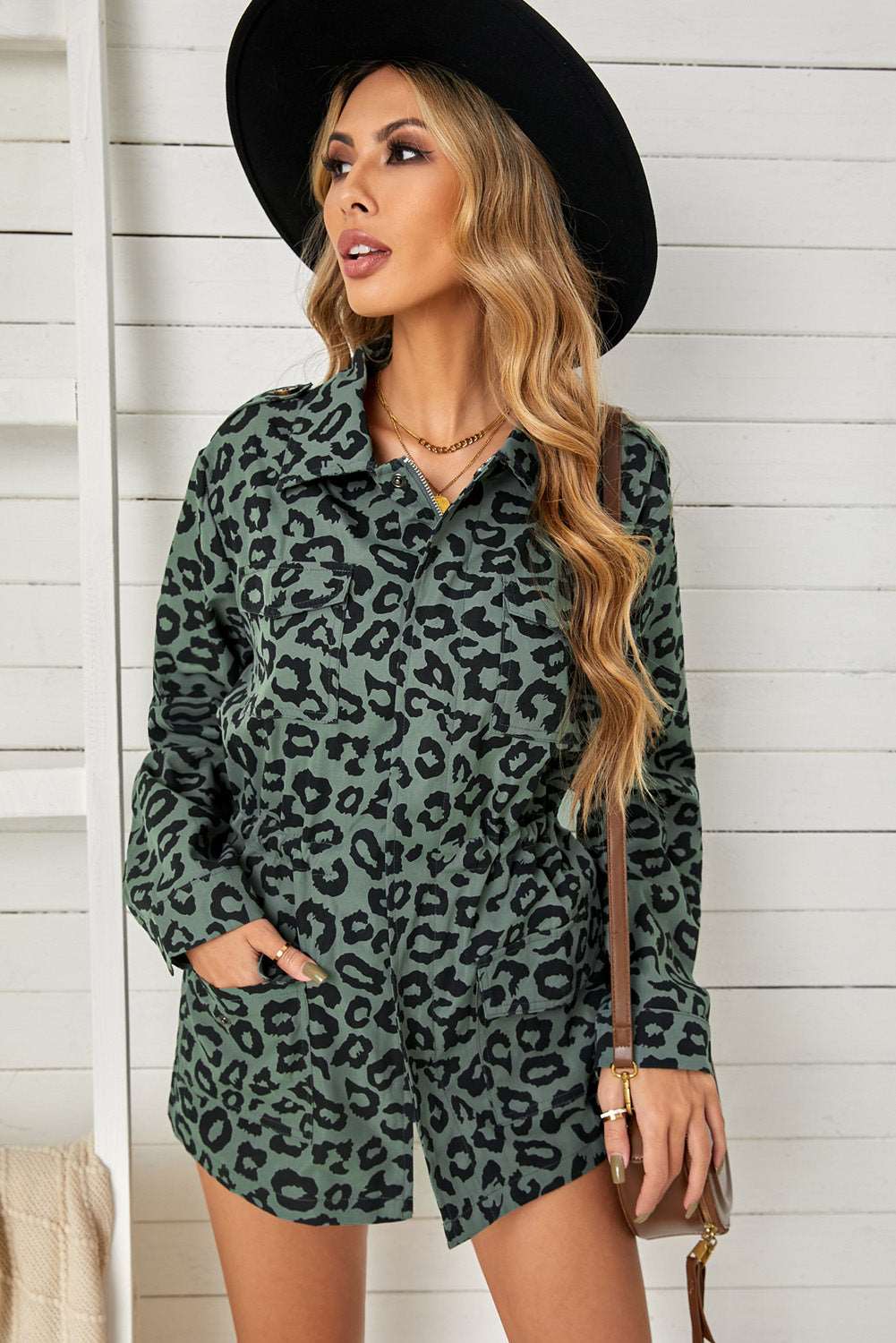 Double Take Leopard Drawstring Waist Jacket with Pockets