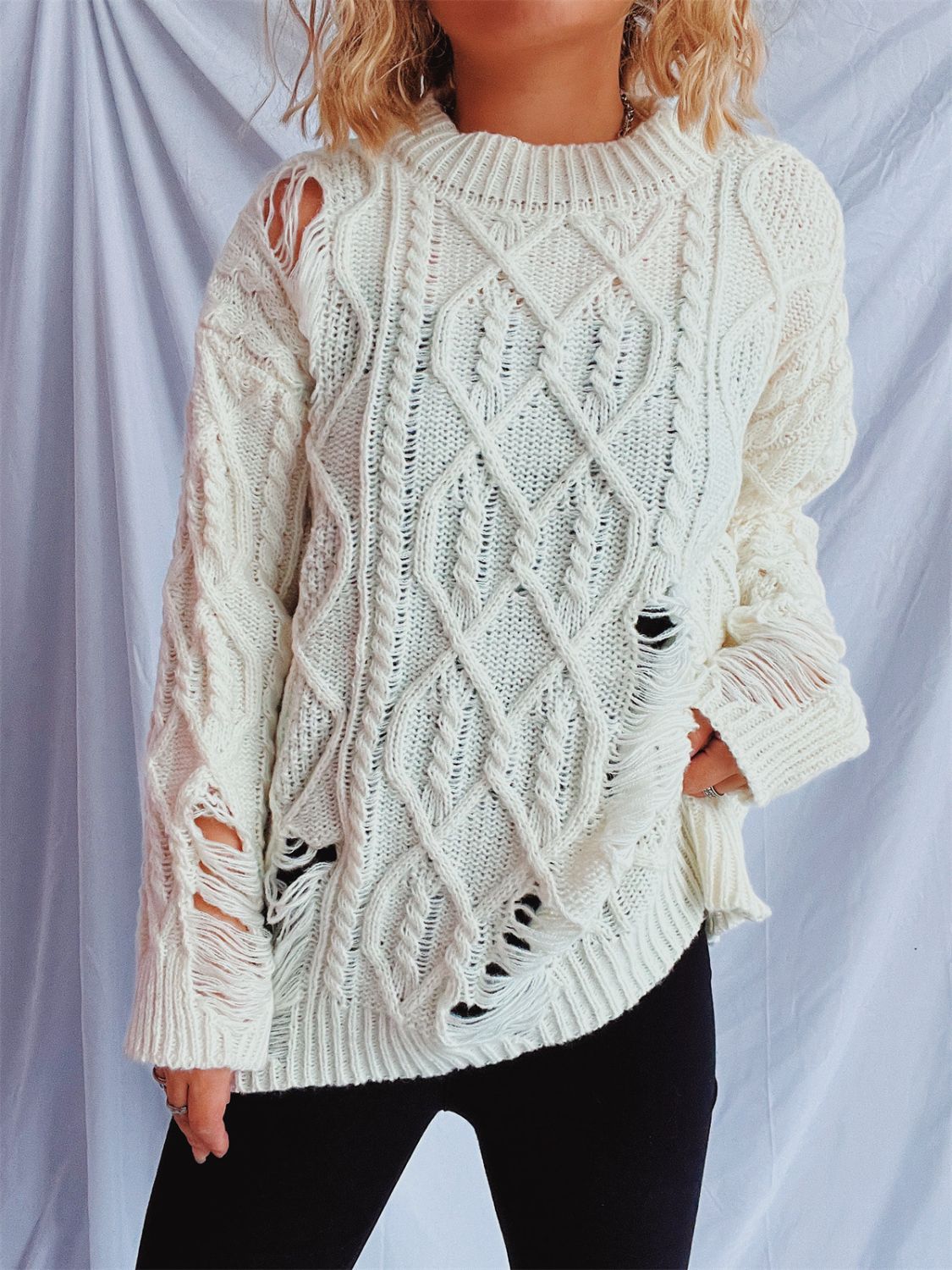 Distressed Cable-Knit Round Neck Long Sleeve Sweater