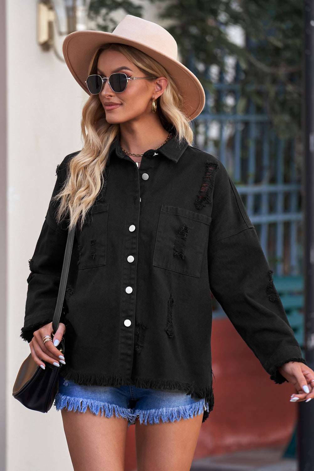Double Take Distressed Fringe Trim Button Up Jacket