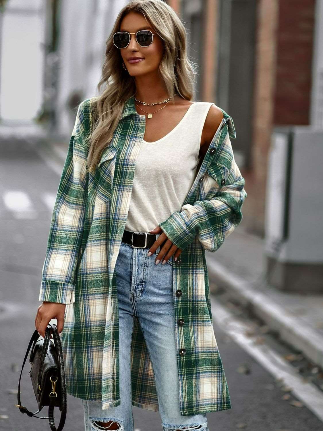 Double Take Plaid Button-Up Longline Jacket with Pockets