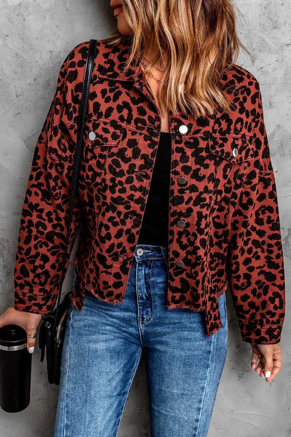 Double Take Leopard Print Raw Hem Jacket