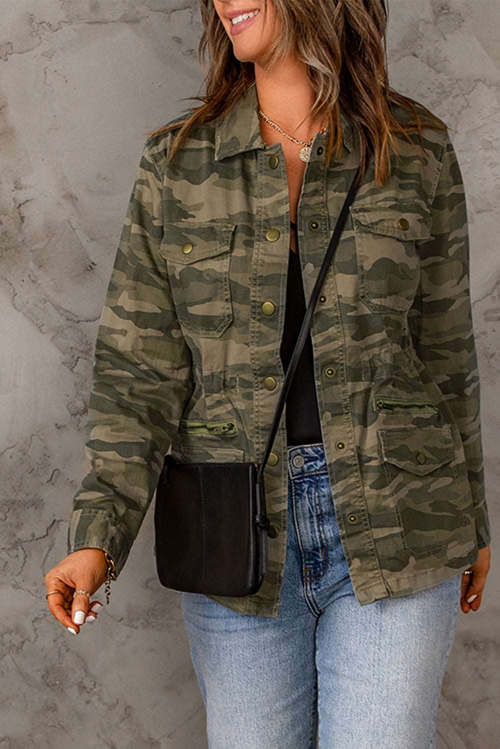 Double Take Camouflage Snap Down Jacket