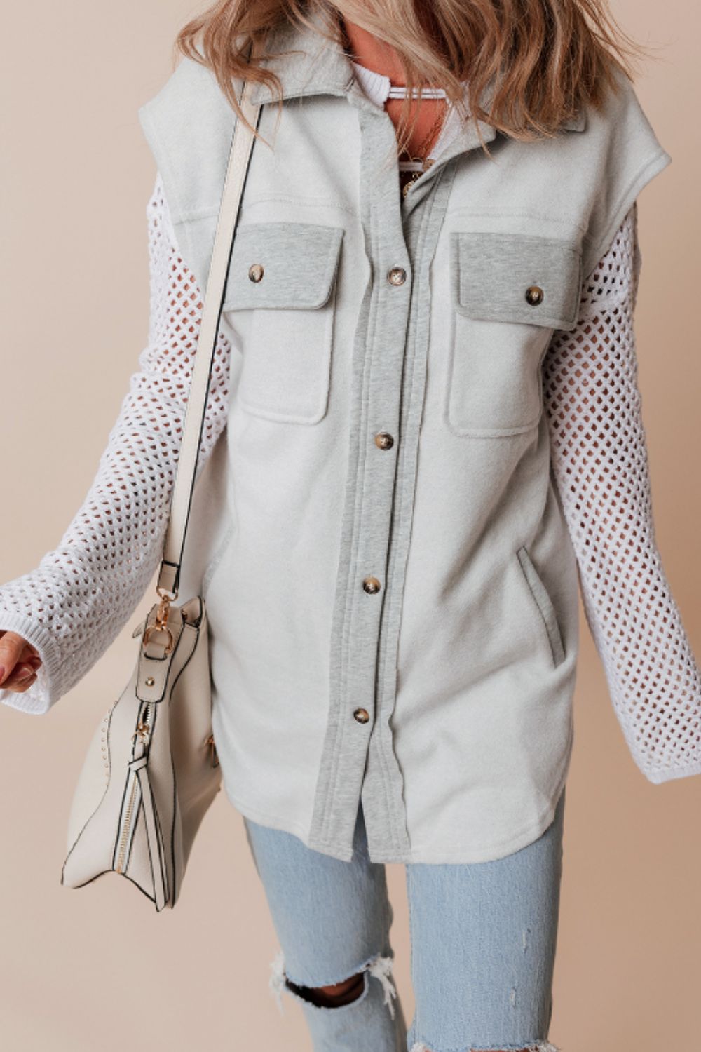 Pocketed Curved Hem Button Up Vest