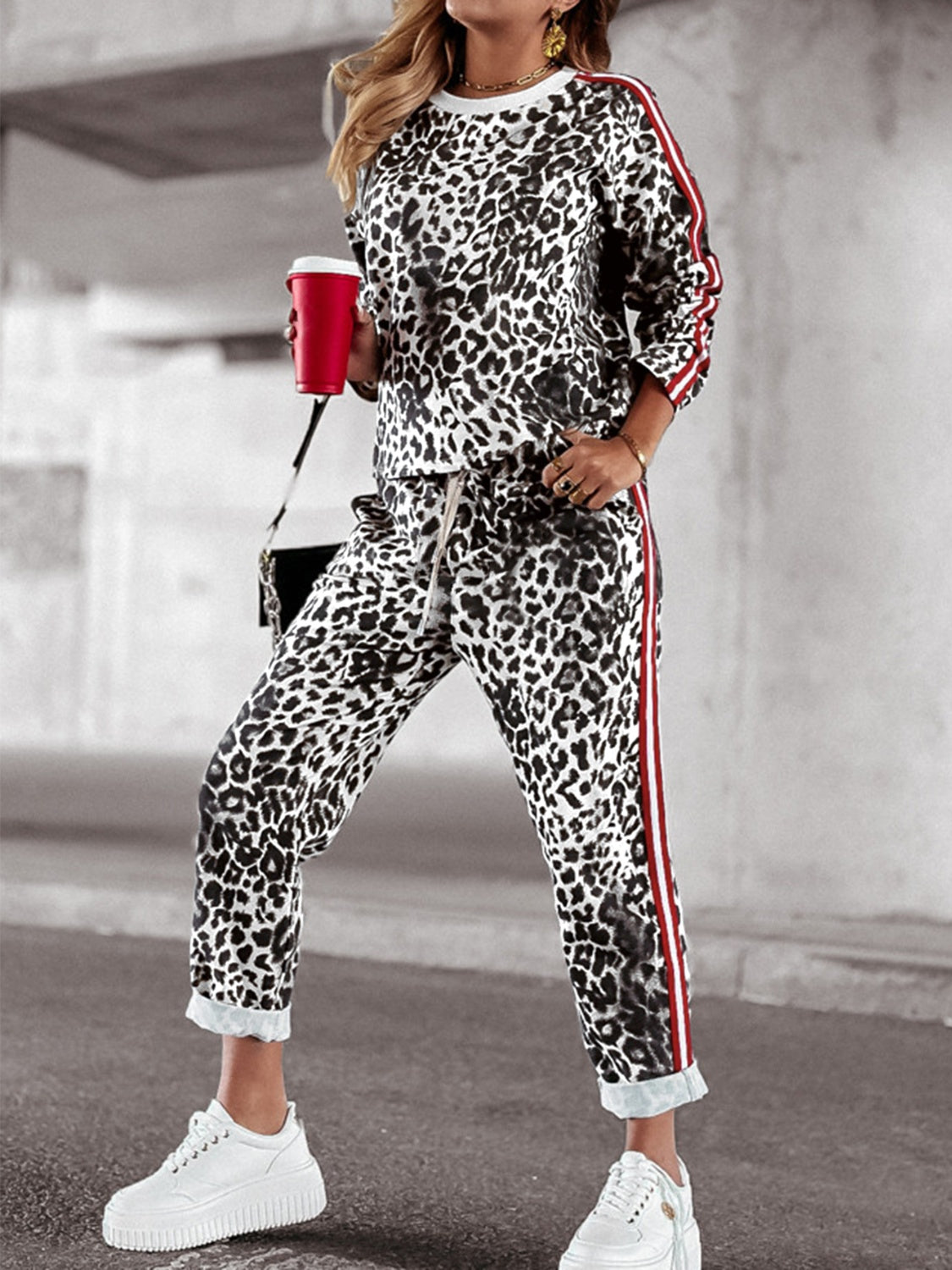 Leopard Round Neck Long Sleeve Top and Pants Set