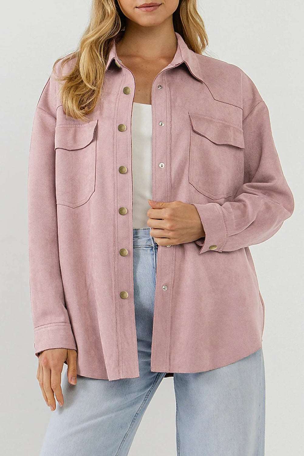 Double Take Suede Snap Front Dropped Shoulder Jacket