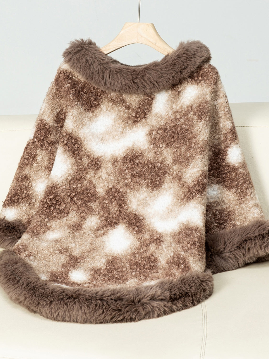 Furry Contrast Three-Quarter Poncho