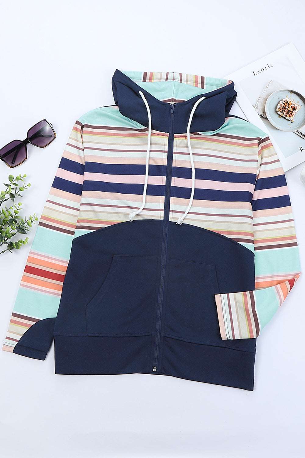 Double Take Striped Color Block Zip Up Jacket