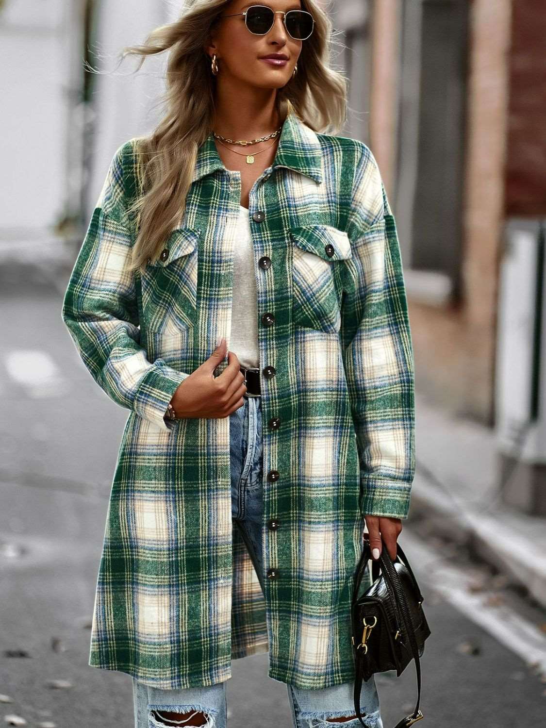 Double Take Plaid Button-Up Longline Jacket with Pockets