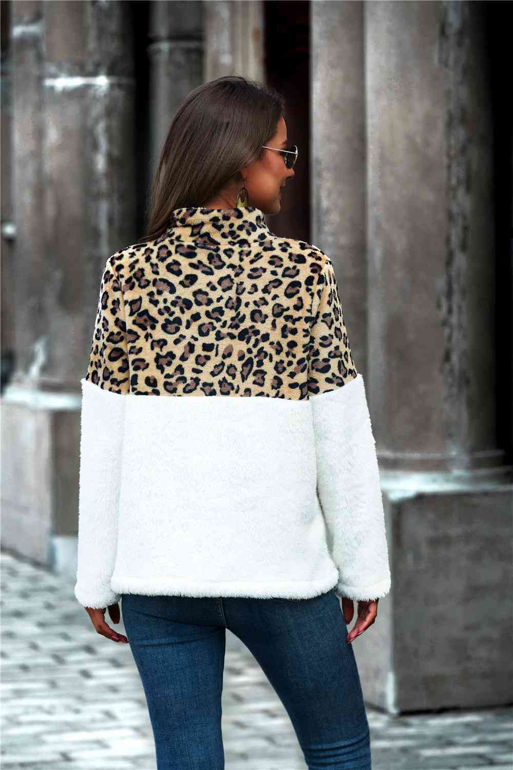 Leopard Color Block Half-Zip Collar Teddy Sweatshirt