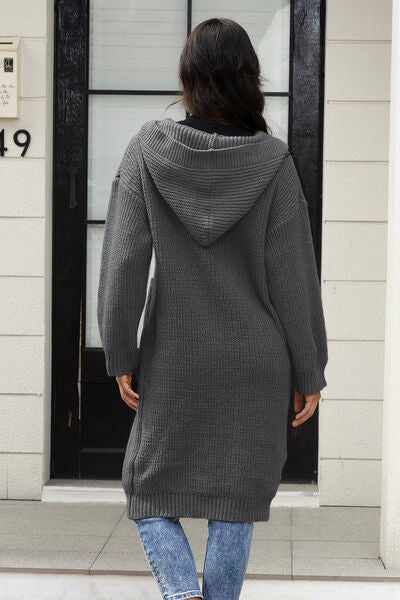 Button Up Long Sleeve Hooded Cardigan with Pockets