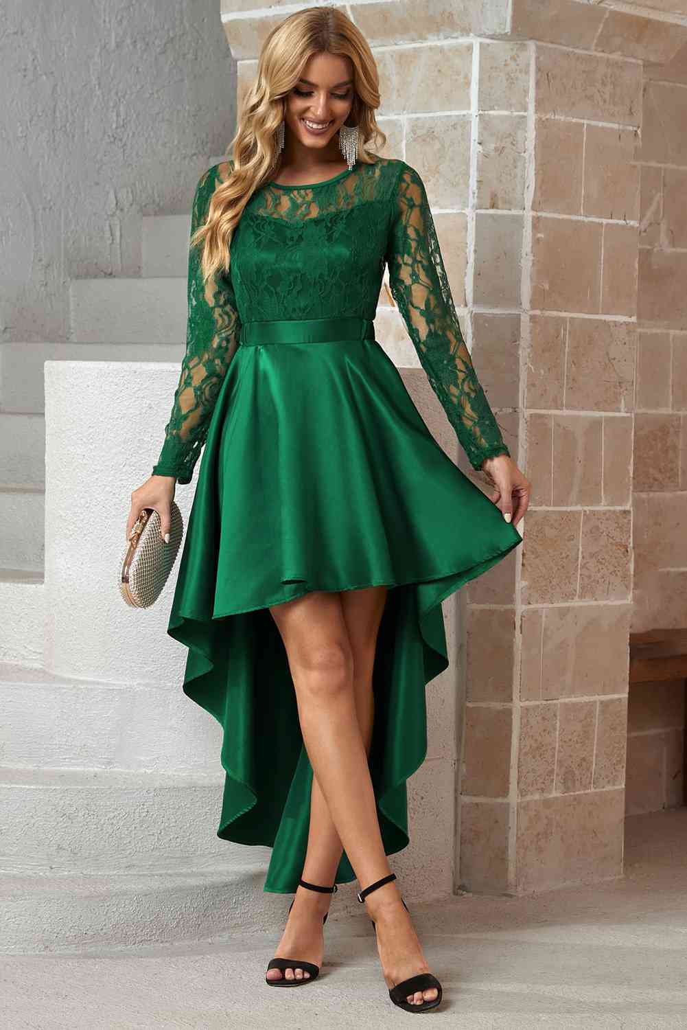 Spliced Lace High-Low Long Sleeve Dress