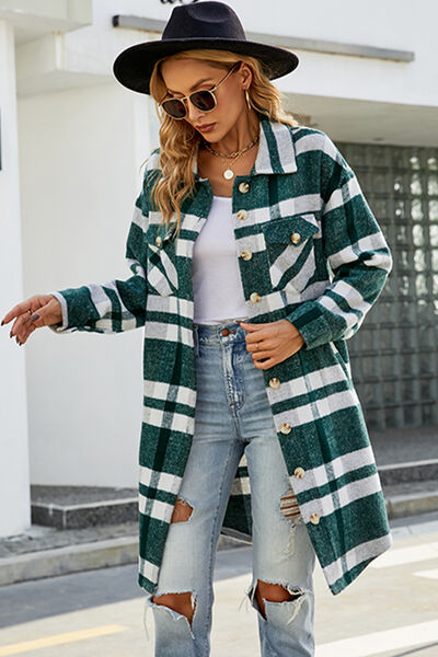 Plaid Button Up Collared Neck Coat with Pockets