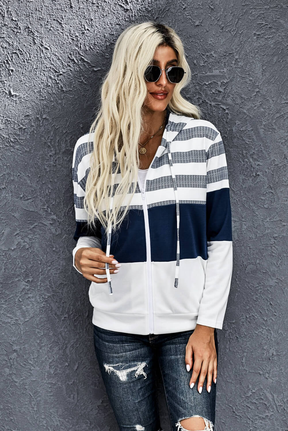 Striped Color Block Drawstring Zip Up Hoodie