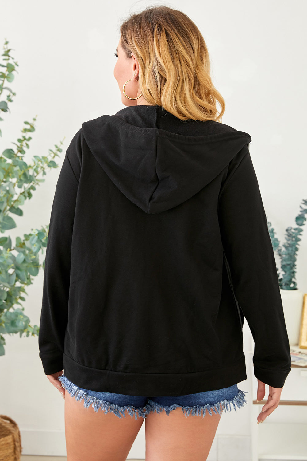 Plus Size Zip Up Hooded Jacket with Pocket