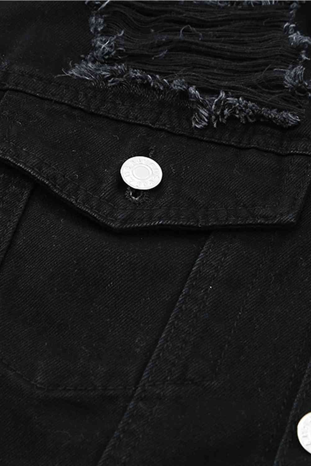 Distressed Button-Up Denim Jacket with Pockets