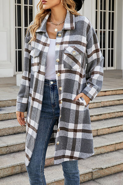 Plaid Button Up Collared Neck Coat with Pockets