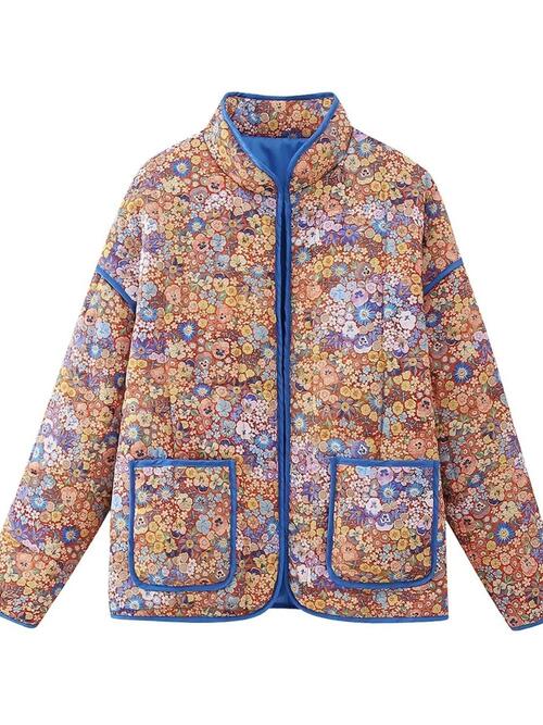 Floral Open Front Puffer Jacket with Pockets