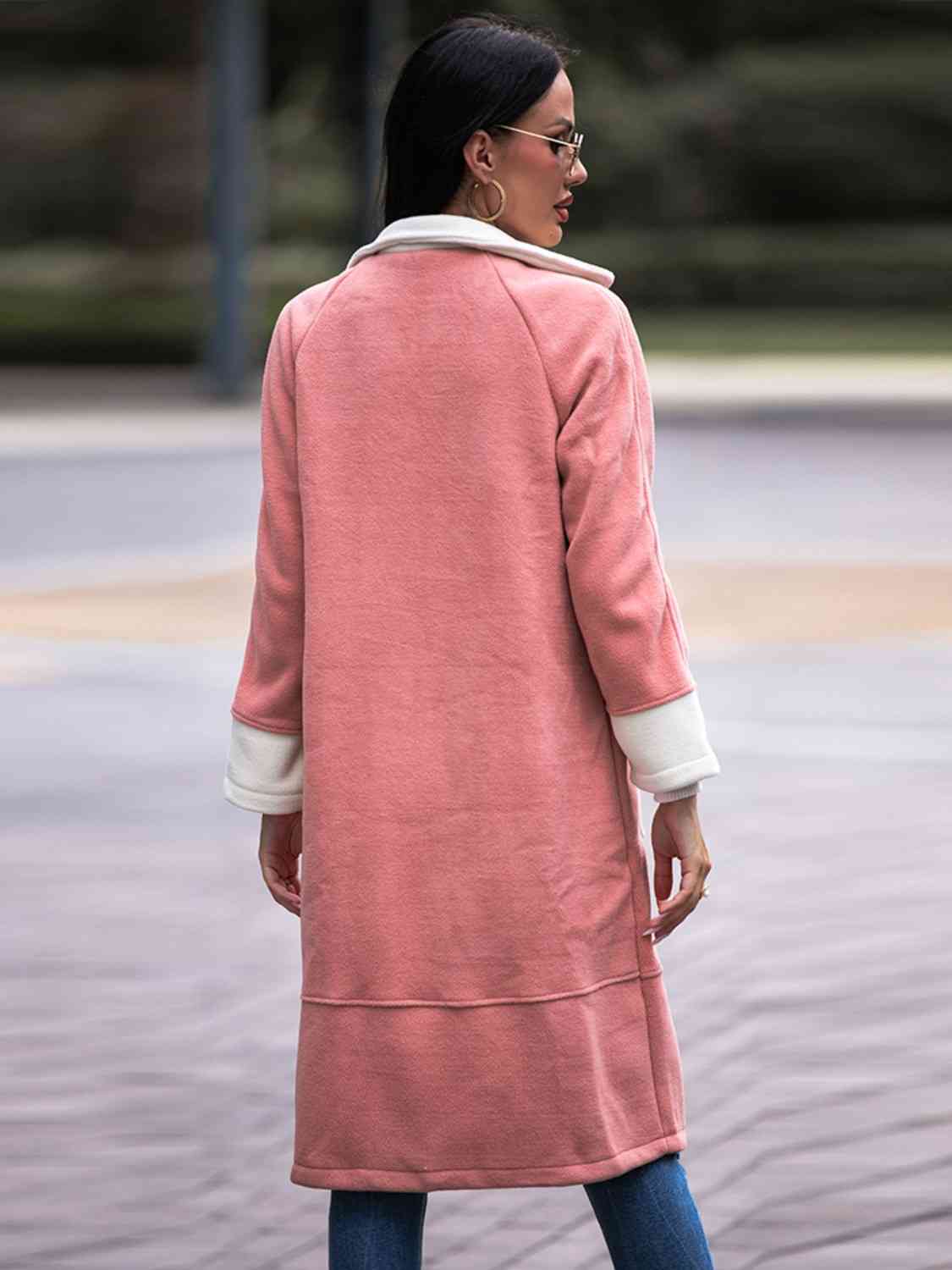 Contrast Lapel Collar Coat with Pockets