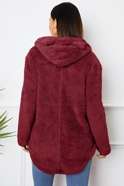 Fuzzy Button Up Hooded Outerwear