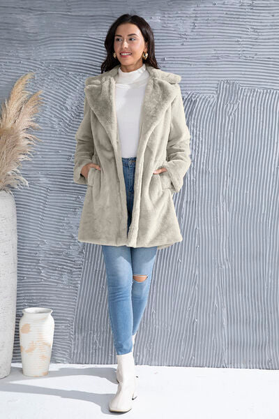 Fuzzy Button Up Lapel Collar Coat