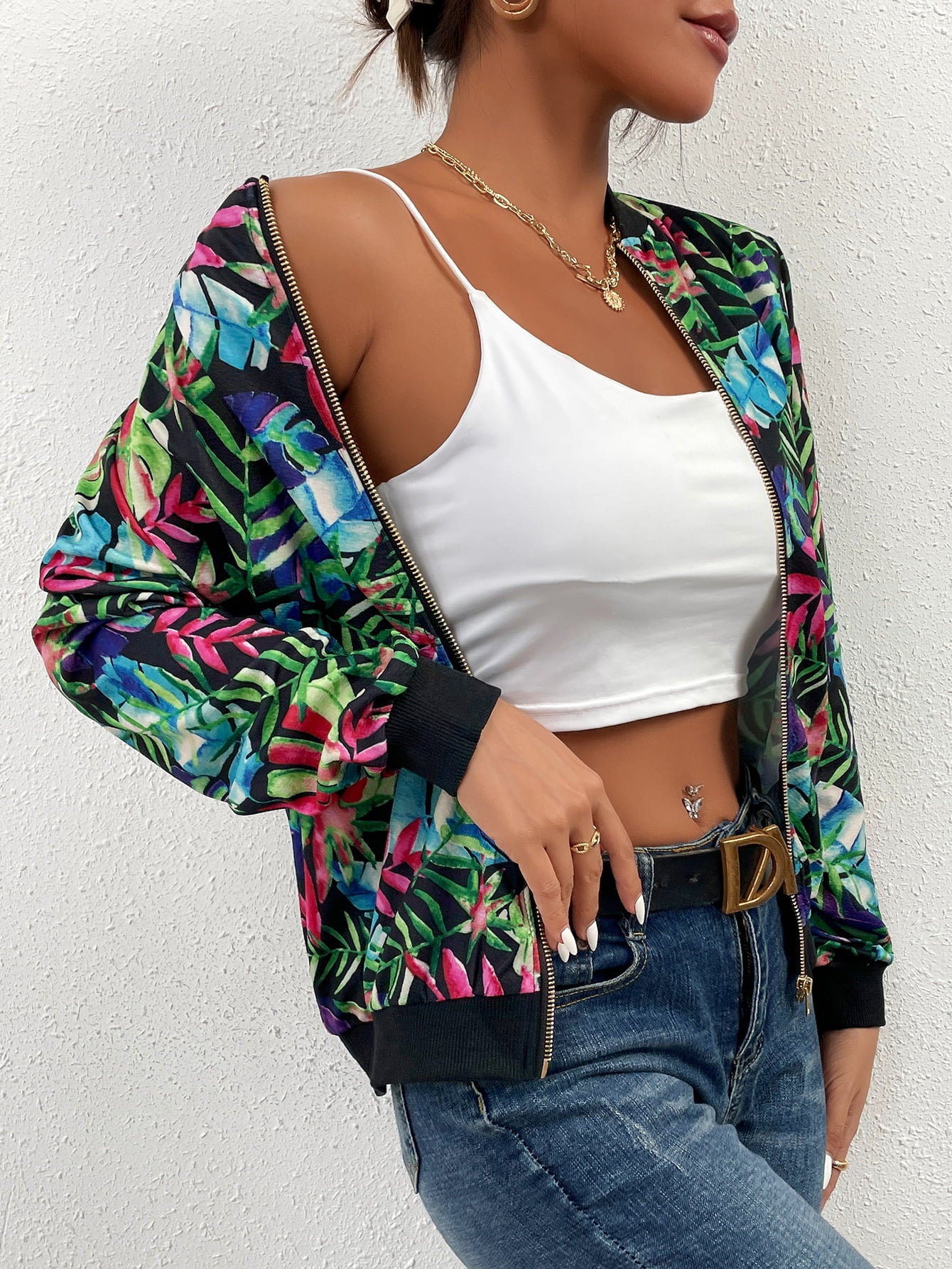 Printed Zipper-Up Long Sleeve Jacket