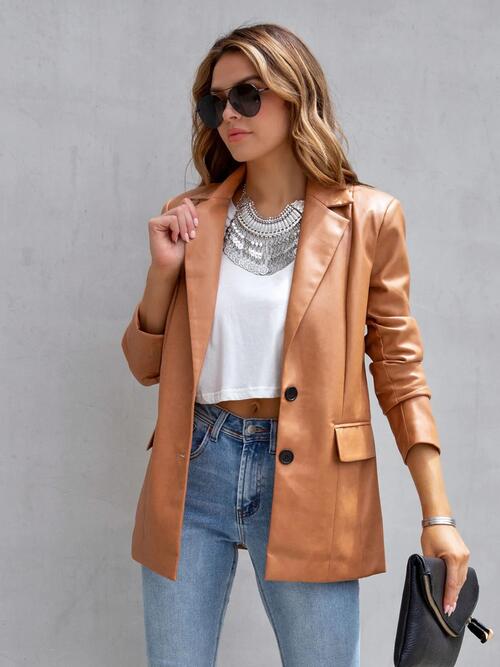 Faux Leather Button Up Long Sleeve Blazer