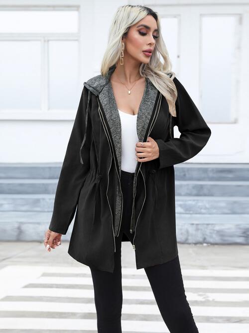 Zip Up Drawstring Hooded Trench Coat