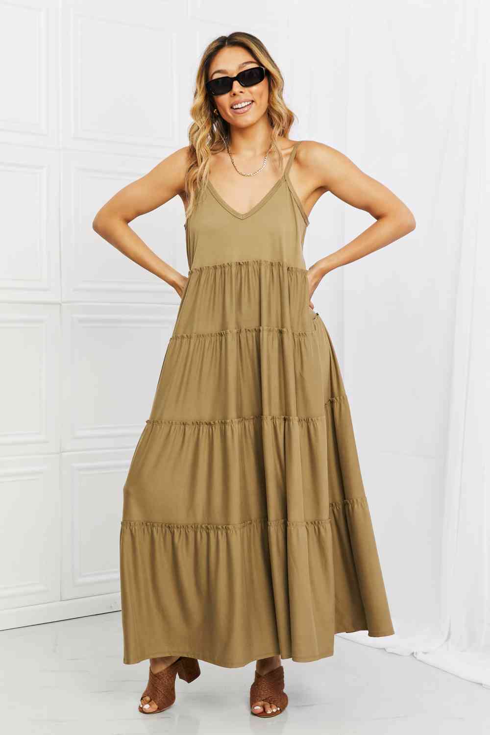 Zenana Full Size Spaghetti Strap Tiered Dress with Pockets in Khaki