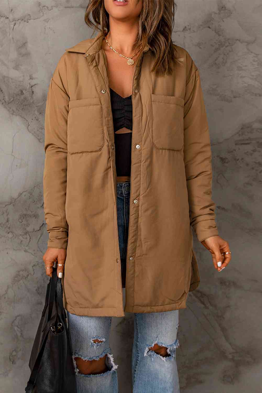 Double Take Snap Down Side Slit Jacket with Pockets