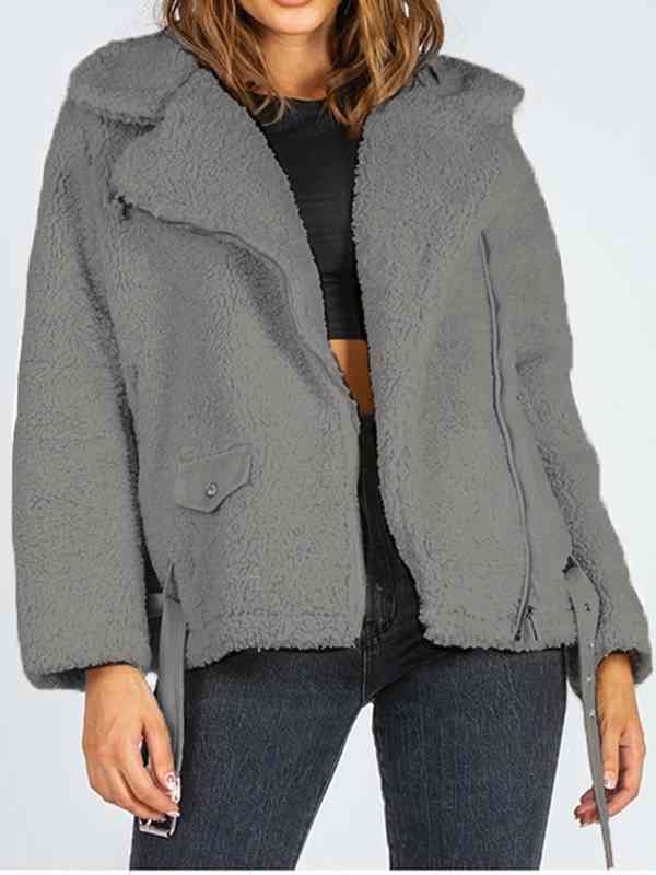 Zip-Up Belted Sherpa Jacket